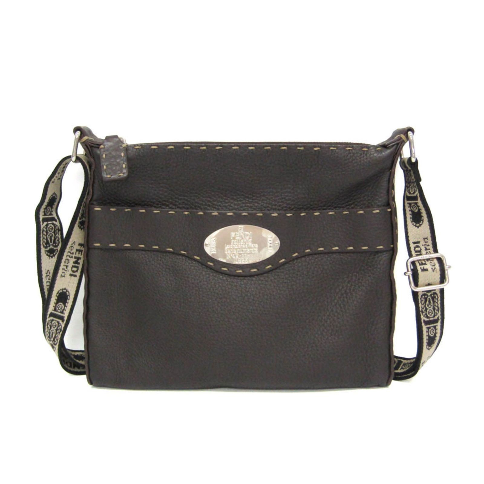 Authentic Fendi Selleria Leather Shoulder Bag 8BT092 Dark Brown 8.07in x 9.44in