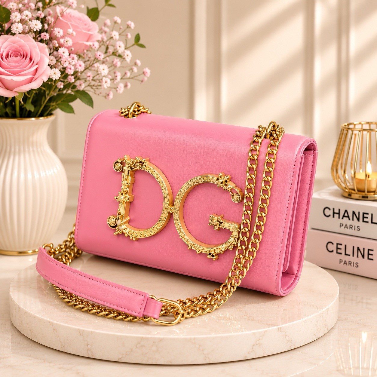 Women’s Elegant Chain Strap Flap Shoulder Crossbody Handbag with Metal Logo Ac