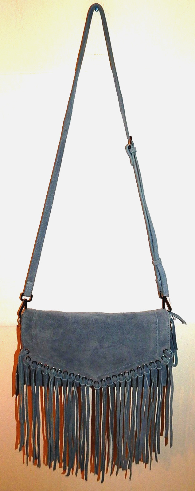 HH HAUTE HIPPIE ENVELOPE FRINGE EYELET CROSSBODY BAG BLUE GENUINE SUEDE NEW