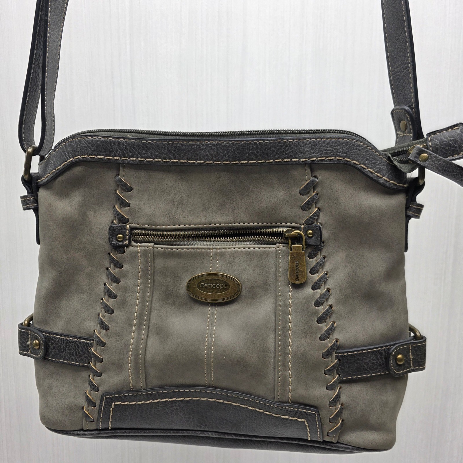 Concept Handbag Shoulder Bag Crossbody Purse Gray Faux Leather Multi Pocket