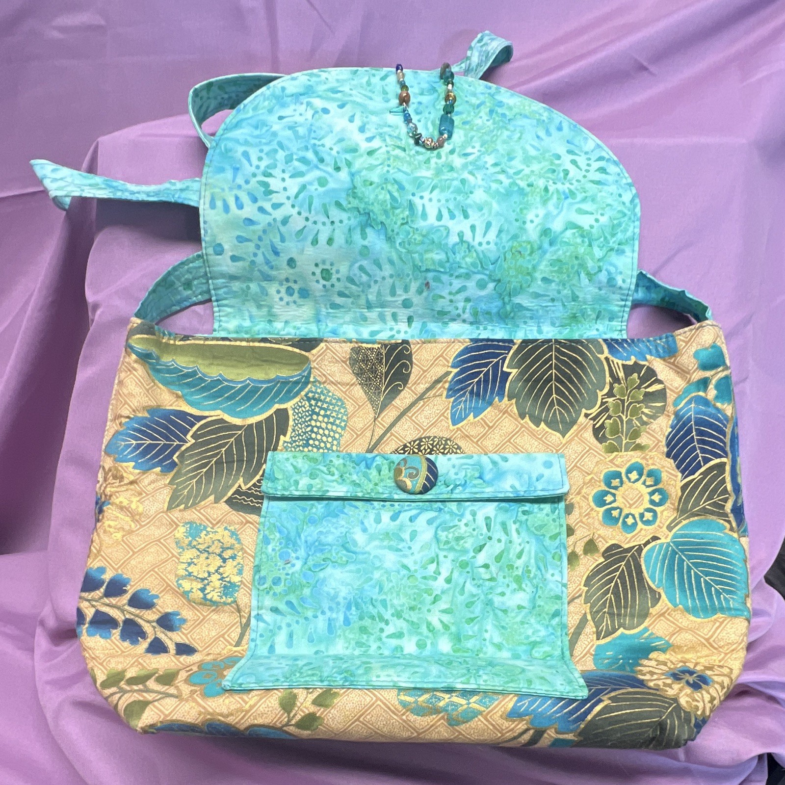 Floral Quilted Shoulder Bag w/ Button Flap Closure & Inner Pockets Blue/Green