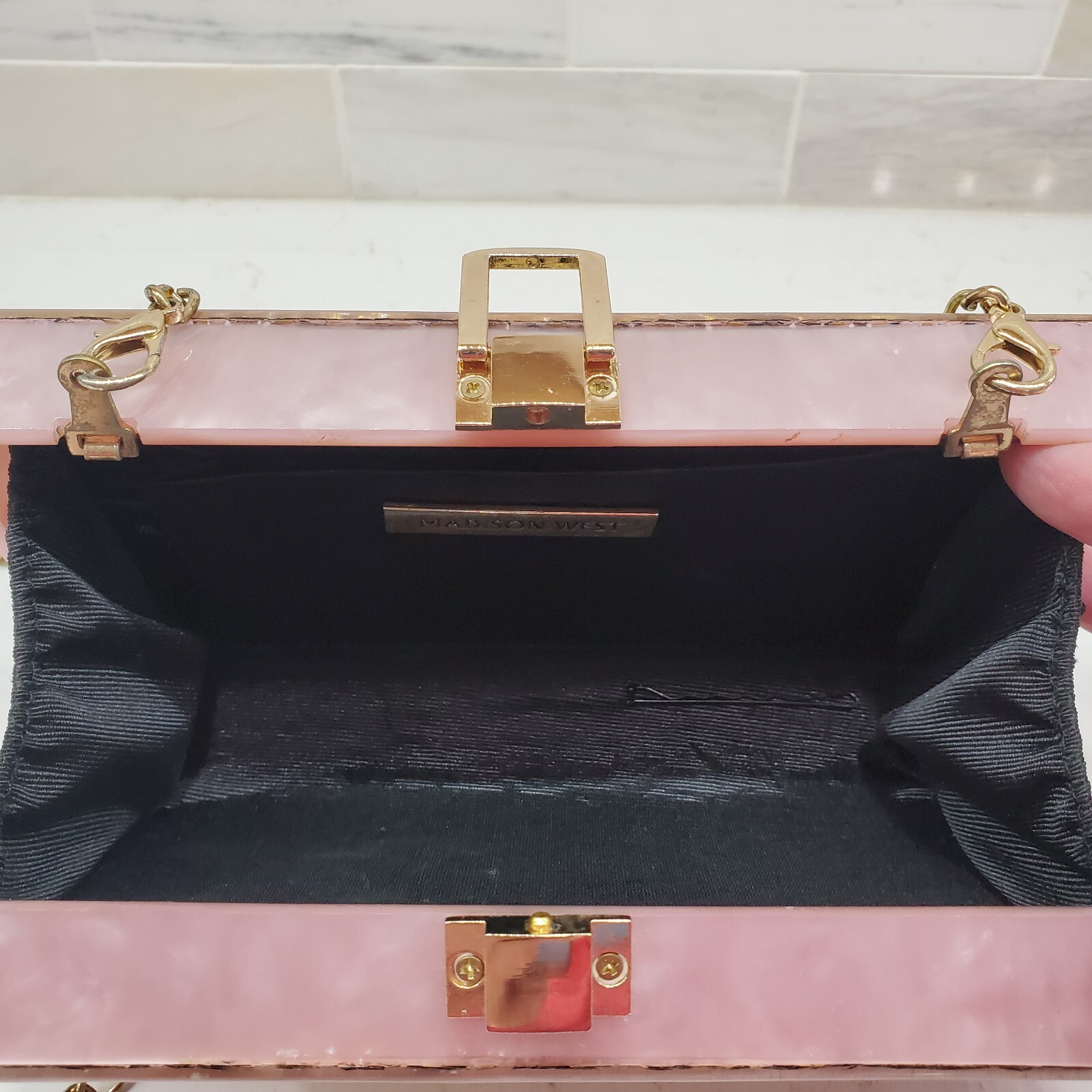 Madison West Pink Marbled & Gold Glitter Acrylic Clutch w In or Out Gold Chain