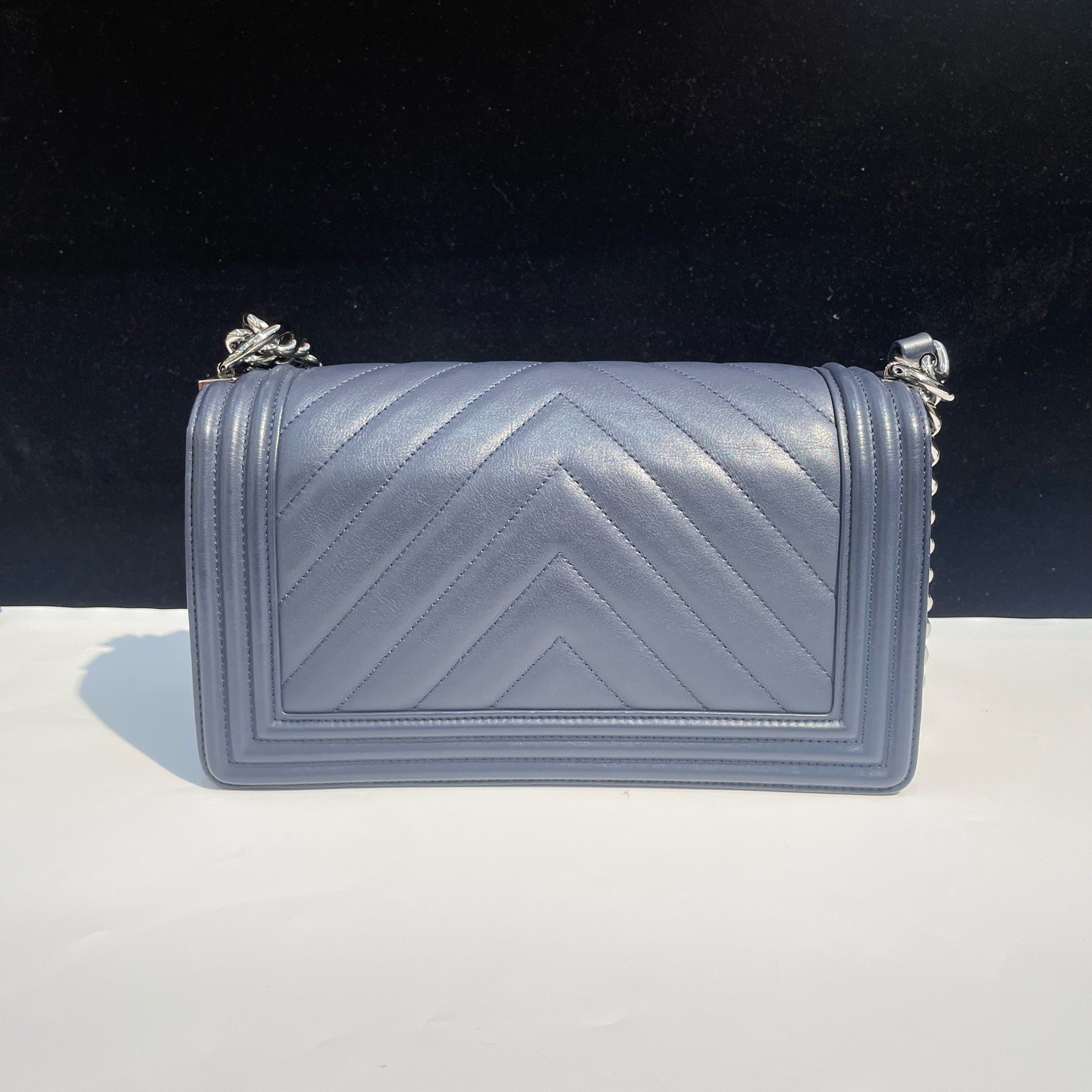 Chanel Le Boy Chevron Calfskin Blue Medium Shoulder Bag Silver Hardware