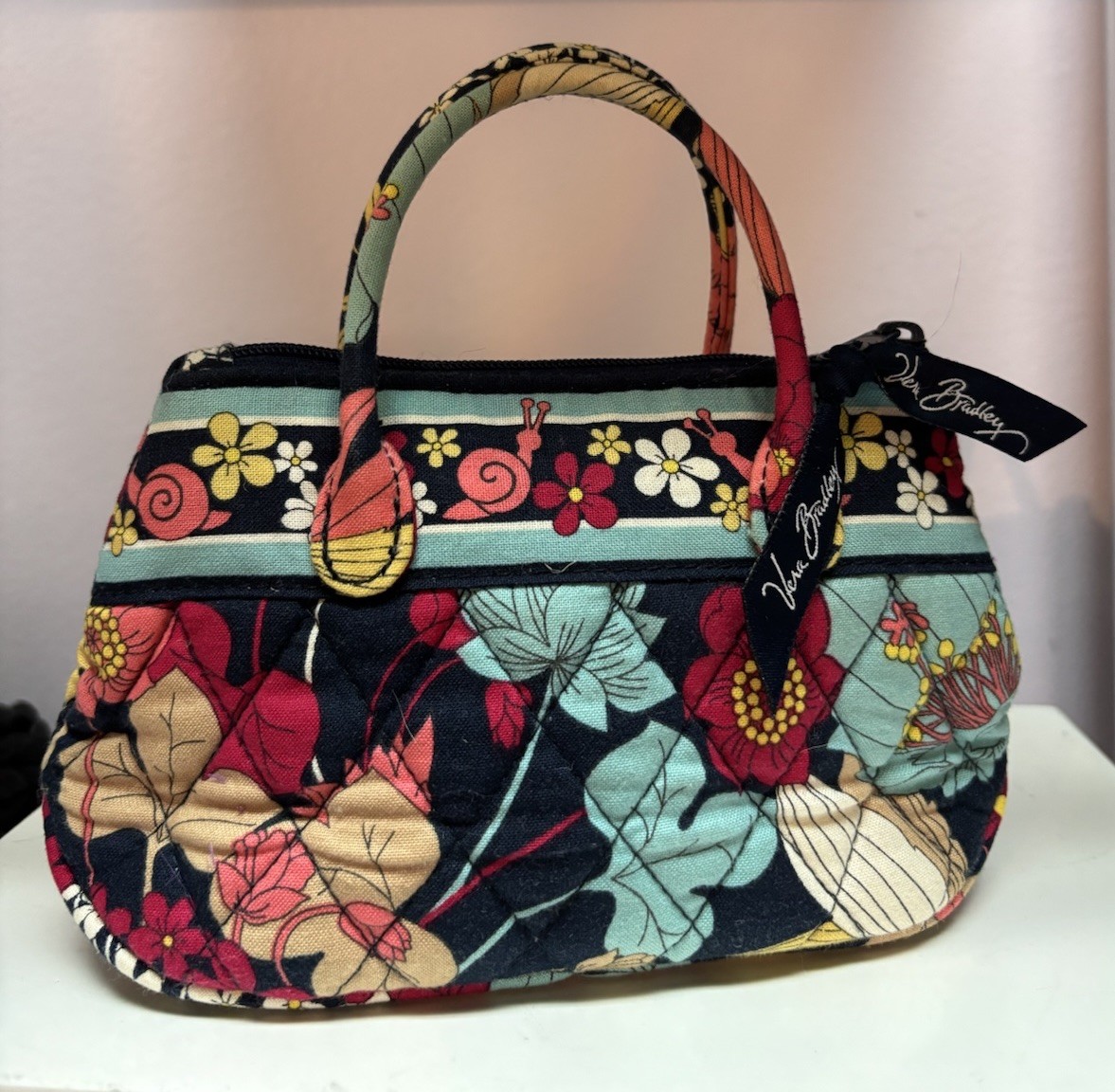 VERA BRADLEY Happy Snails Quilted Floral Mini Handbag Purse, Cosmetic