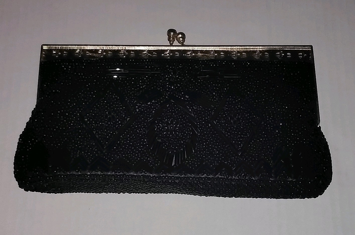 Vintage Art Deco Black Glass Seed & Bugle Beaded Kiss-Lock Evening Clutch