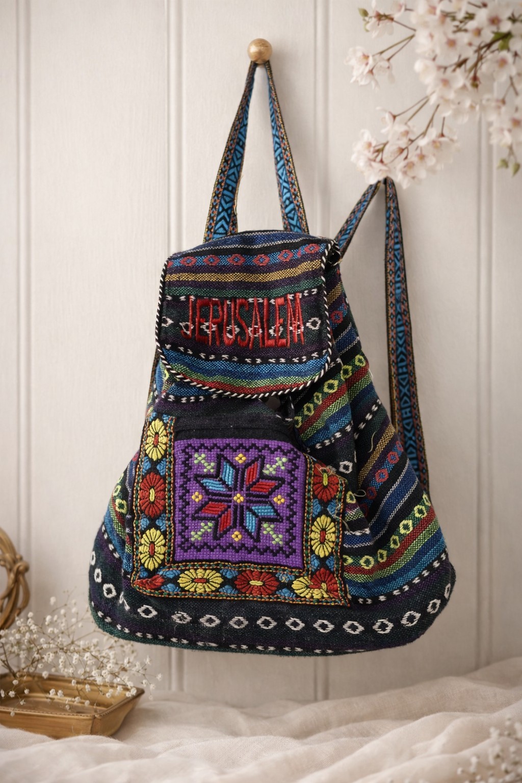 Jerusalem Embroidered Boho Backpack Artisan Handmade Woven Tribal Travel Bag