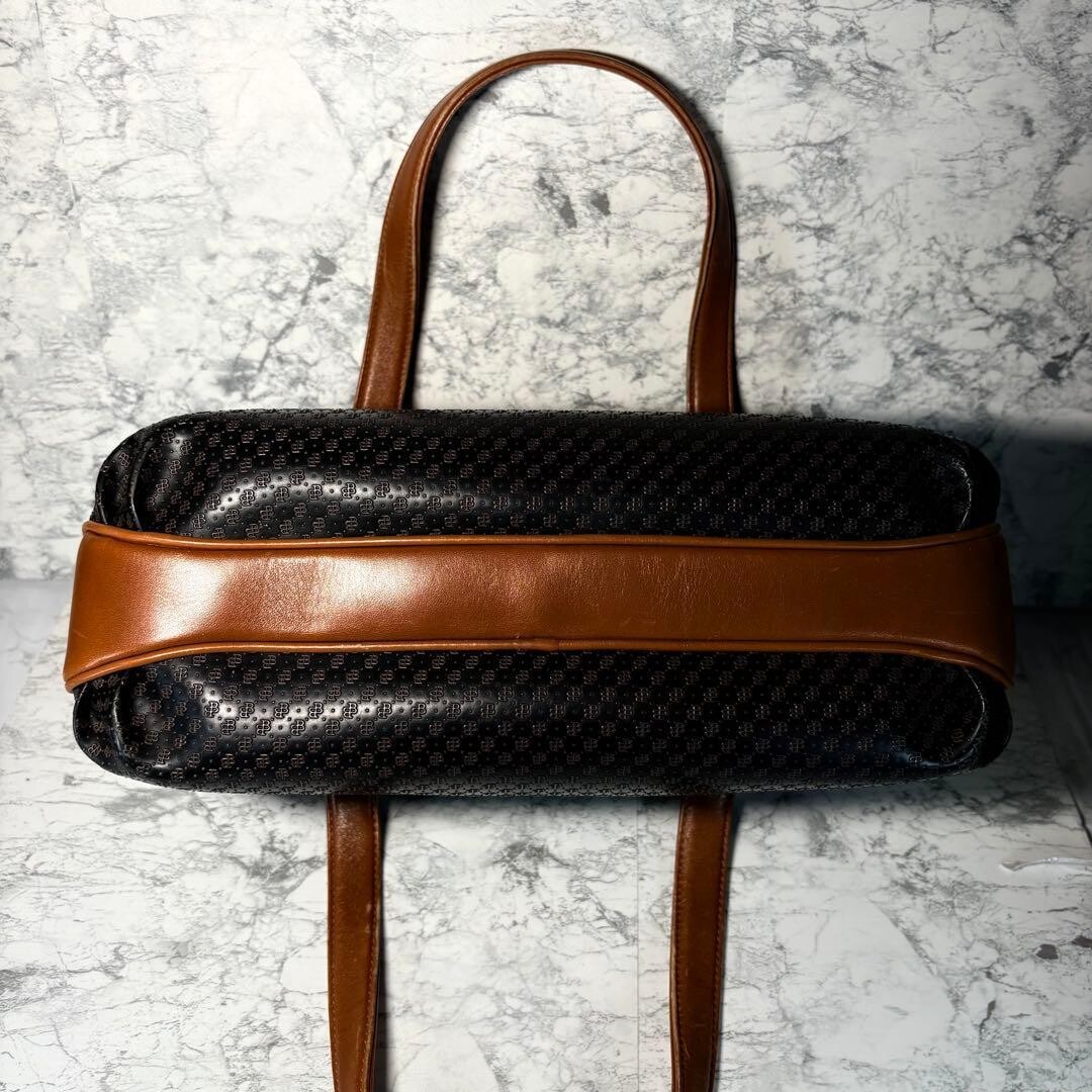 BALLY Vintage Monogram Tote Bag Black Brown Canvas Leather Women Flap 32cm