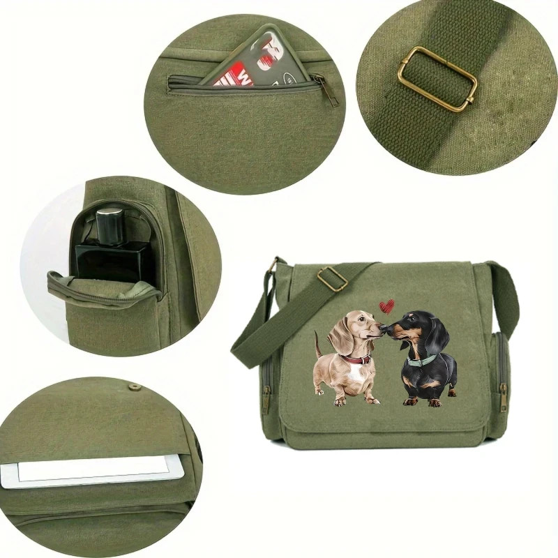 Casual Canvas Messenger Bag Dachshund Dog Print Large Capacity Crossbody