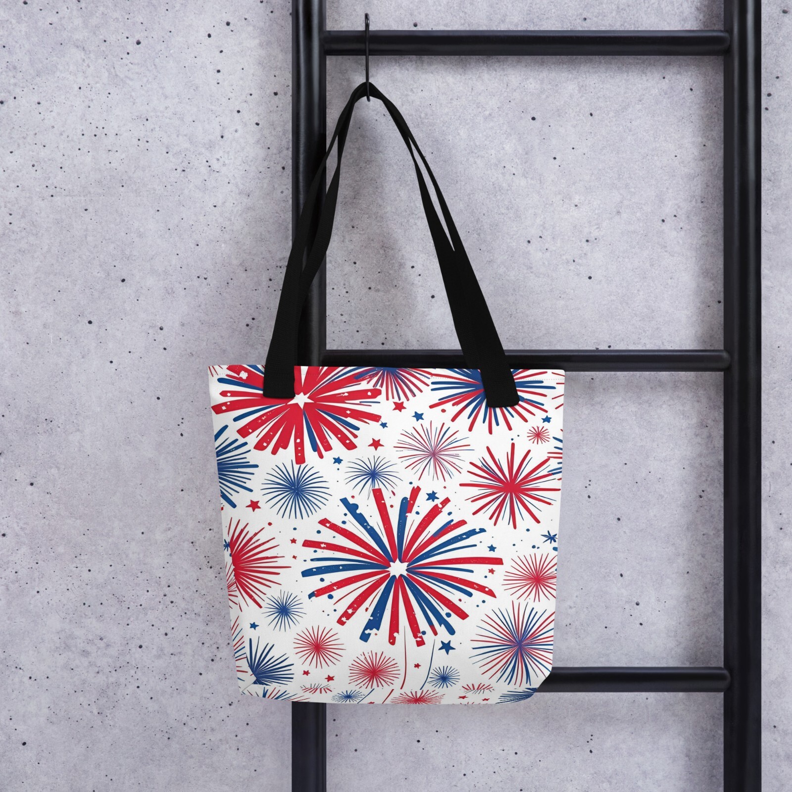 Fireworks Tote Bag Red White Blue All-Over Print Reusable Red or Black Handles