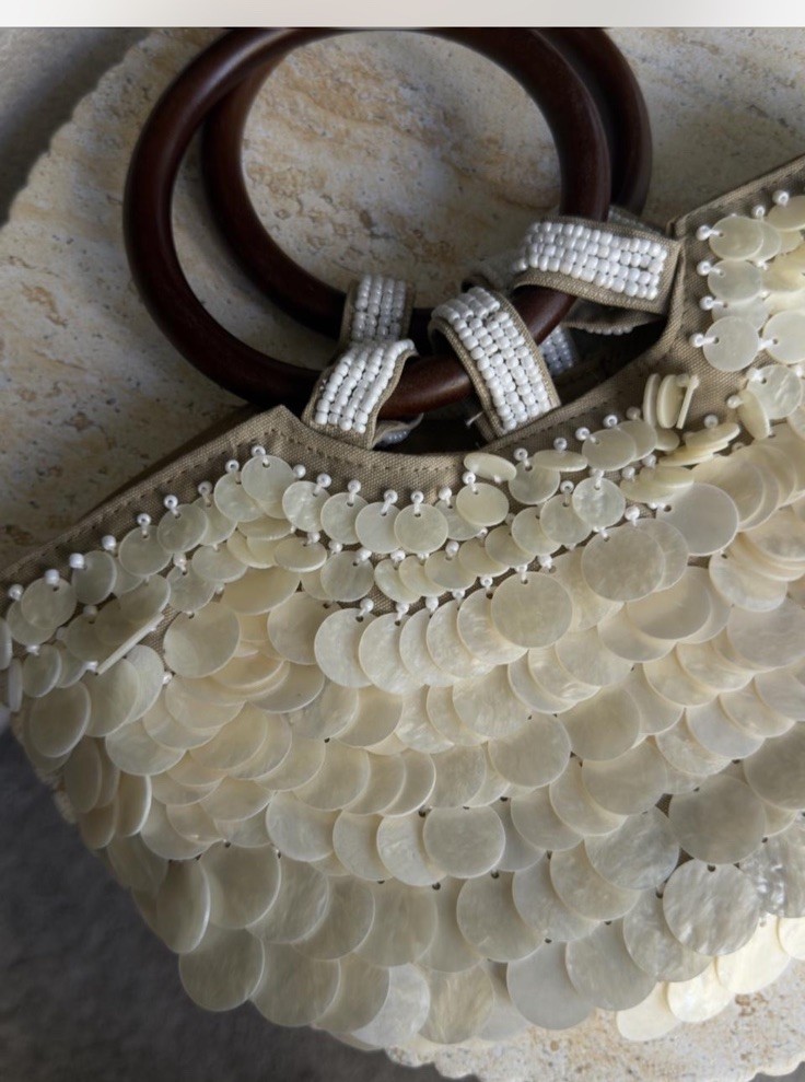 Women’s Ivory Sequin Satchel Top Handle Bag Wooden Ring Handles Magnetic