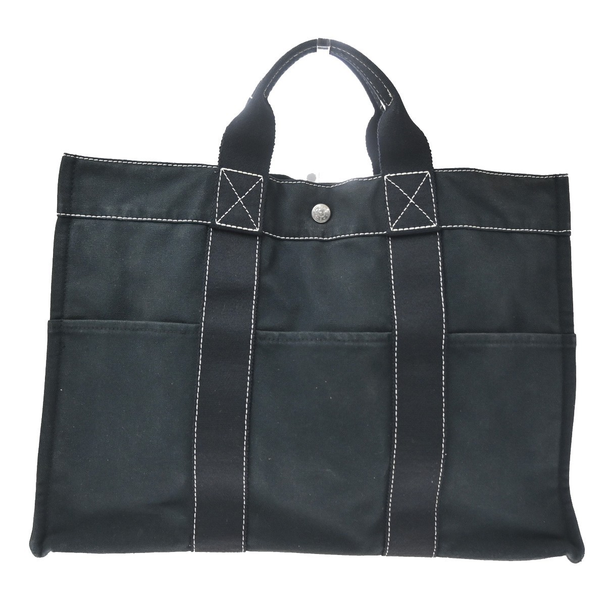 HERMES Logo Deauville MM Hand Tote Bag 100% Cotton Black SHW France 60TA737