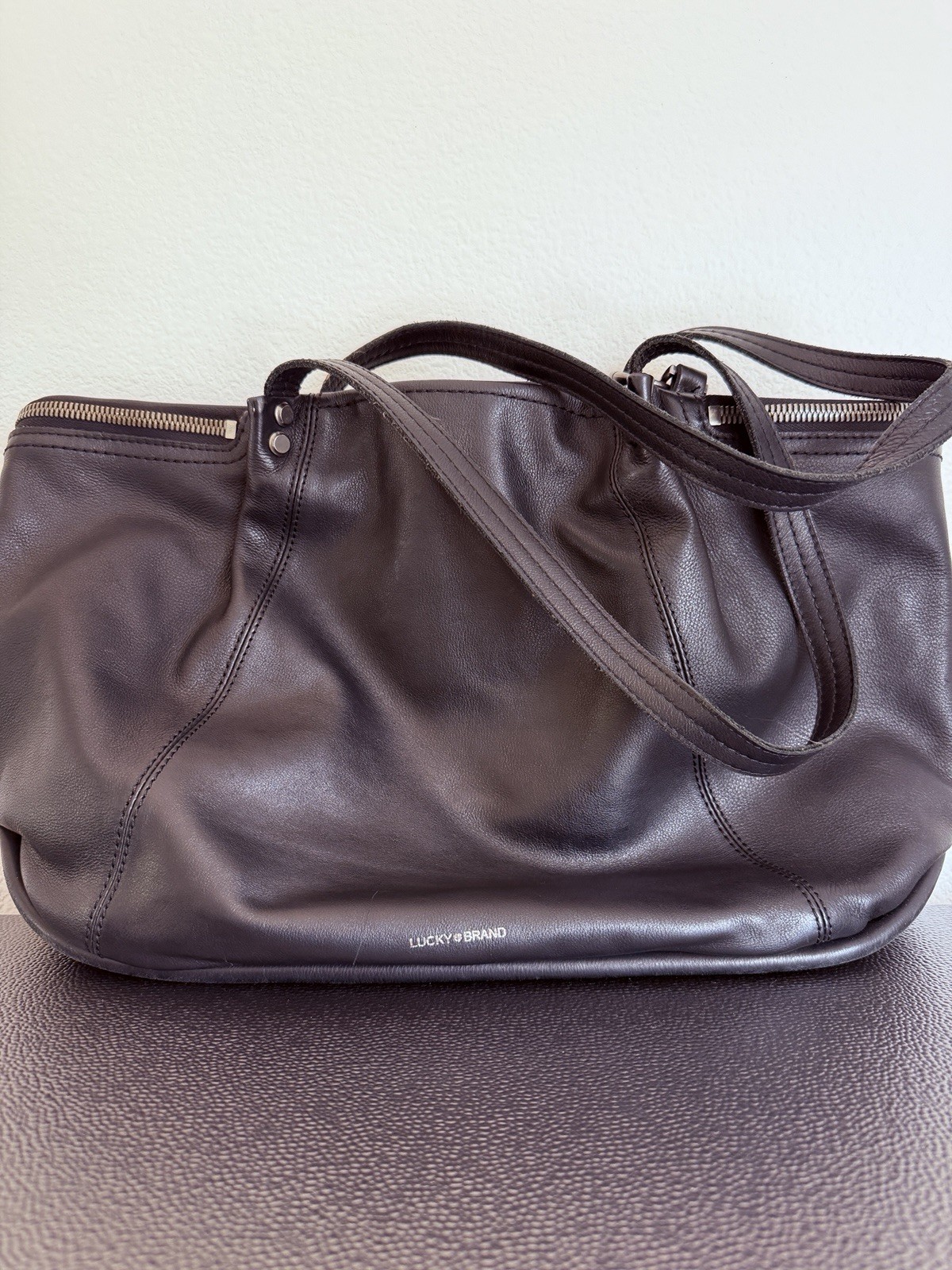 Lucky Brand Black Large Shoulder Bag Zip Top, Detachable Strap, Silver Hardware
