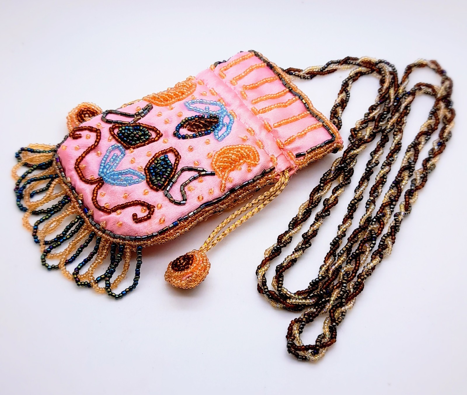 Boho Handmade multi color seed Beaded shoulder Bag Purse Pouch 3.5 x 5 PINK