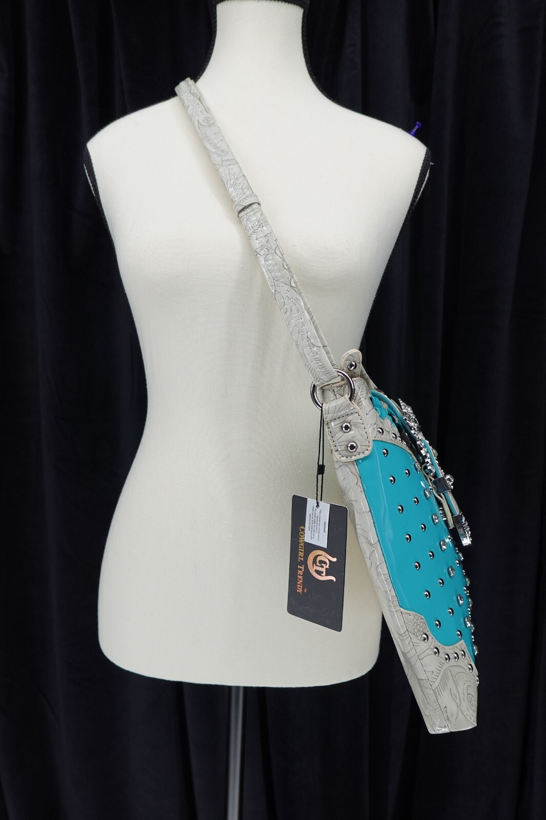 Cowgirl Trendy NWT Western Metal Trim & Buckle Rhinestone Crossbody Bag Size L