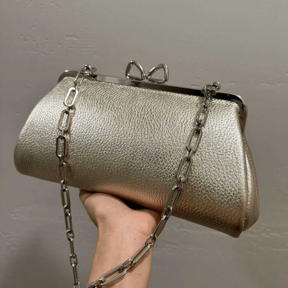Gold Togo Cowhide Calfskin Handmade Bow” Shaped Kisslock Baguette Bag/Crossbody