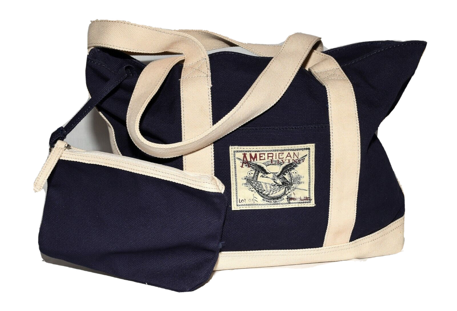 American Living Navy Blue Cream Canvas Large Tote Bag Plus Clutch Bag NWOT