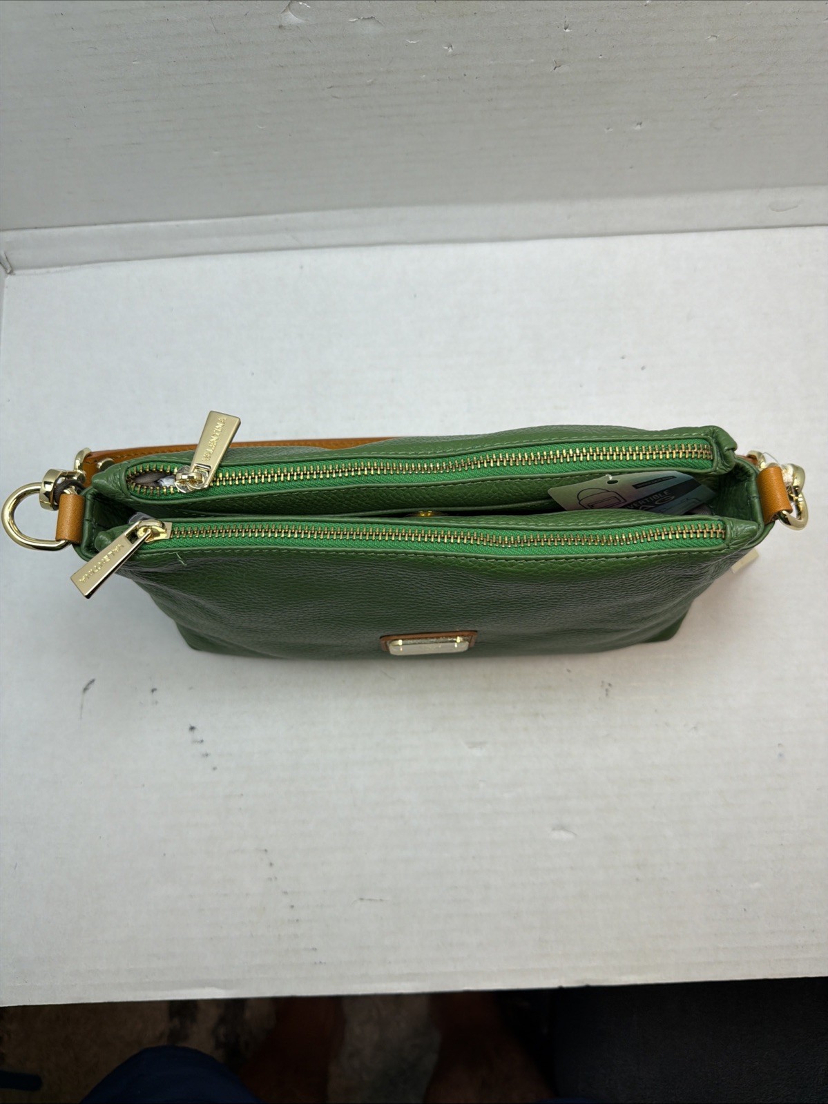 Valentina Italian Convertible Backpack Shoulder Bag Jade Green Cognac Trim NWT