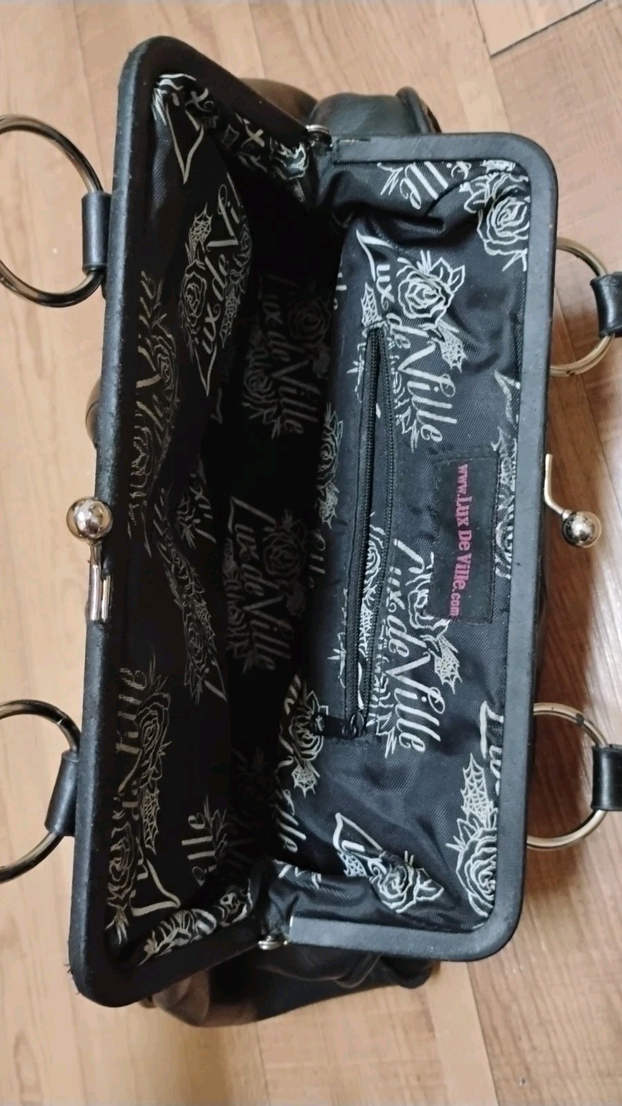 Lux De Ville Black Soft Leather Embossed Skulls Clutch Style Purse Rare
