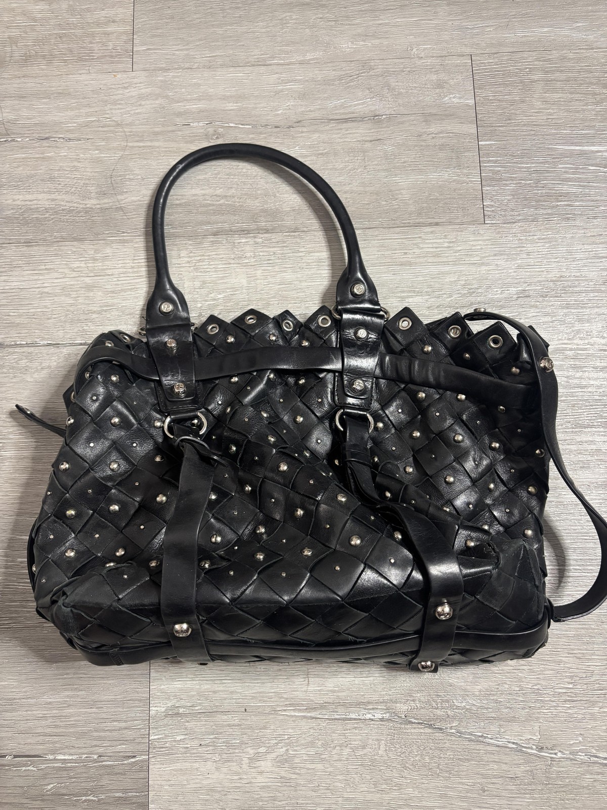Leather Tote Bag Womens Large Black Woven Studded Shoulder Grommet Punk Rock