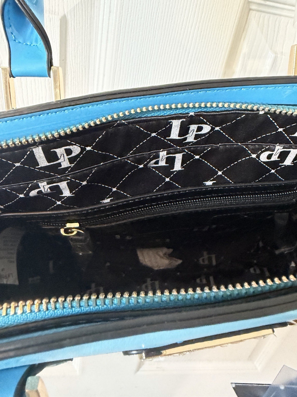La Philipe Miami Graphic Print Satchel Top Handle Zip Studded Strap Blue