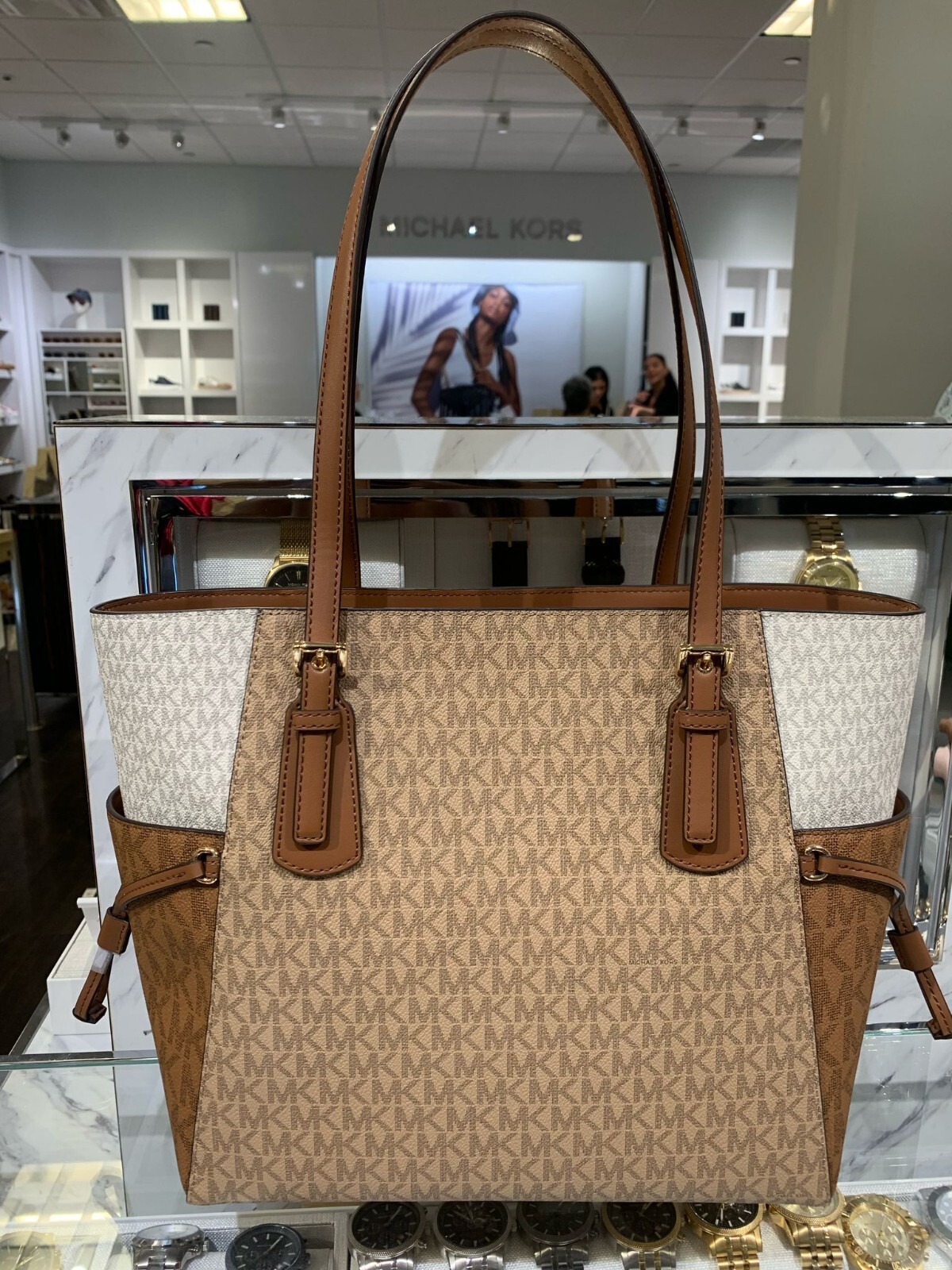 Michael Kors Voyager Lady Tote Shoulder Handbag Purse Bag + Trifold Wallet Camel