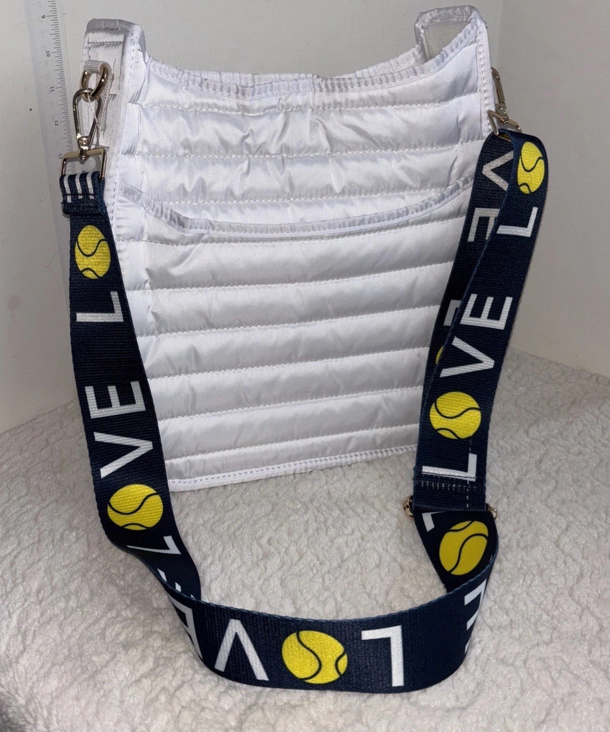 Ahdorned Everly Quilted Puffer Messenger Bag Women’s White Tennis Balls LOVE