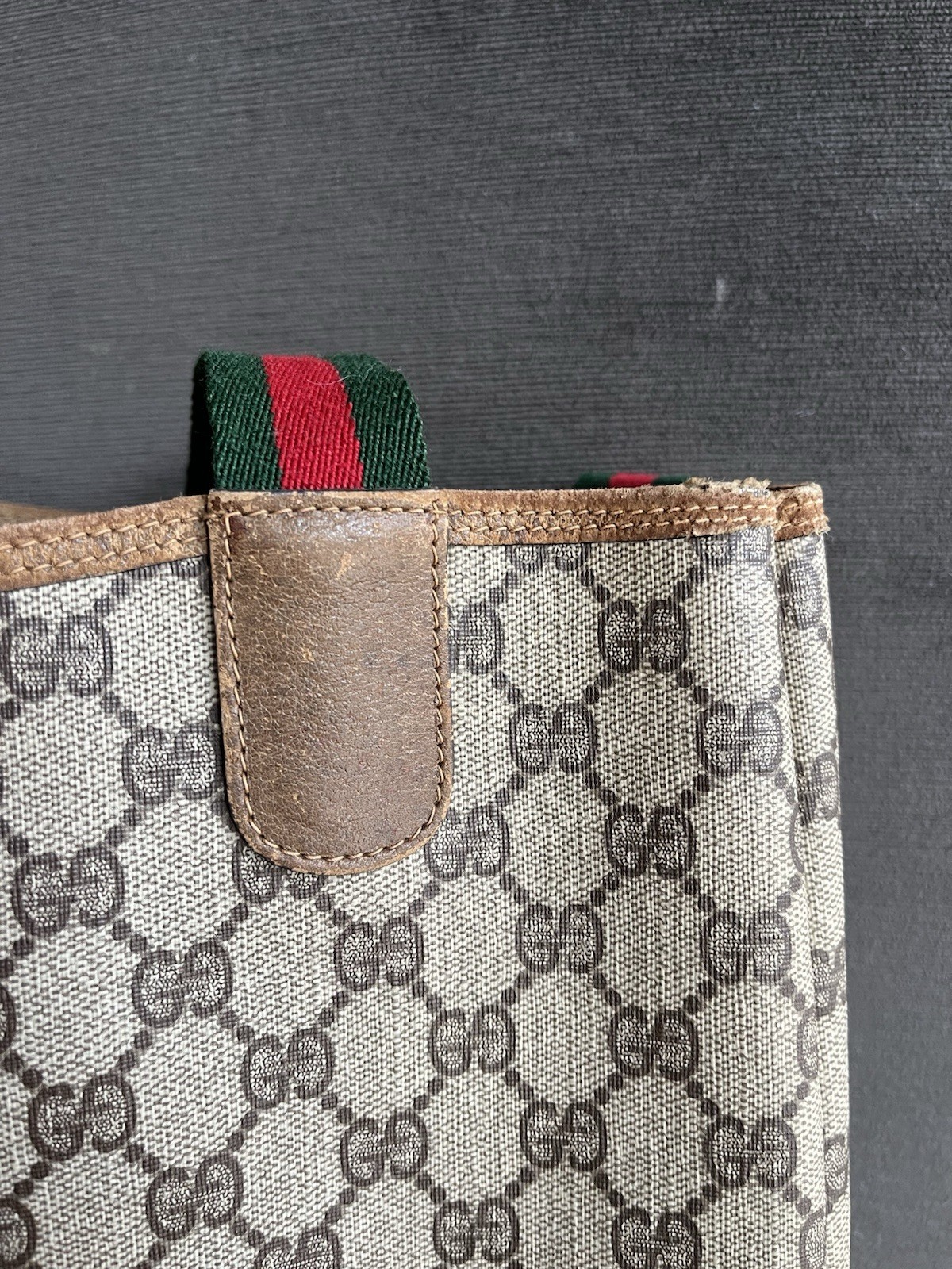 Vintage Gucci GG Monogram Canvas Tote Bag Web Stripe Leather Italy