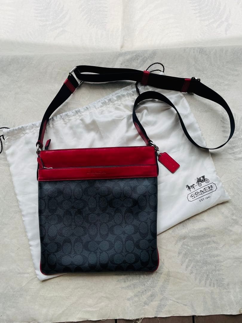 Authentic COACH Signature Shoulder Bag Black Red 29cm x 27.5cm PVC Excellent Con