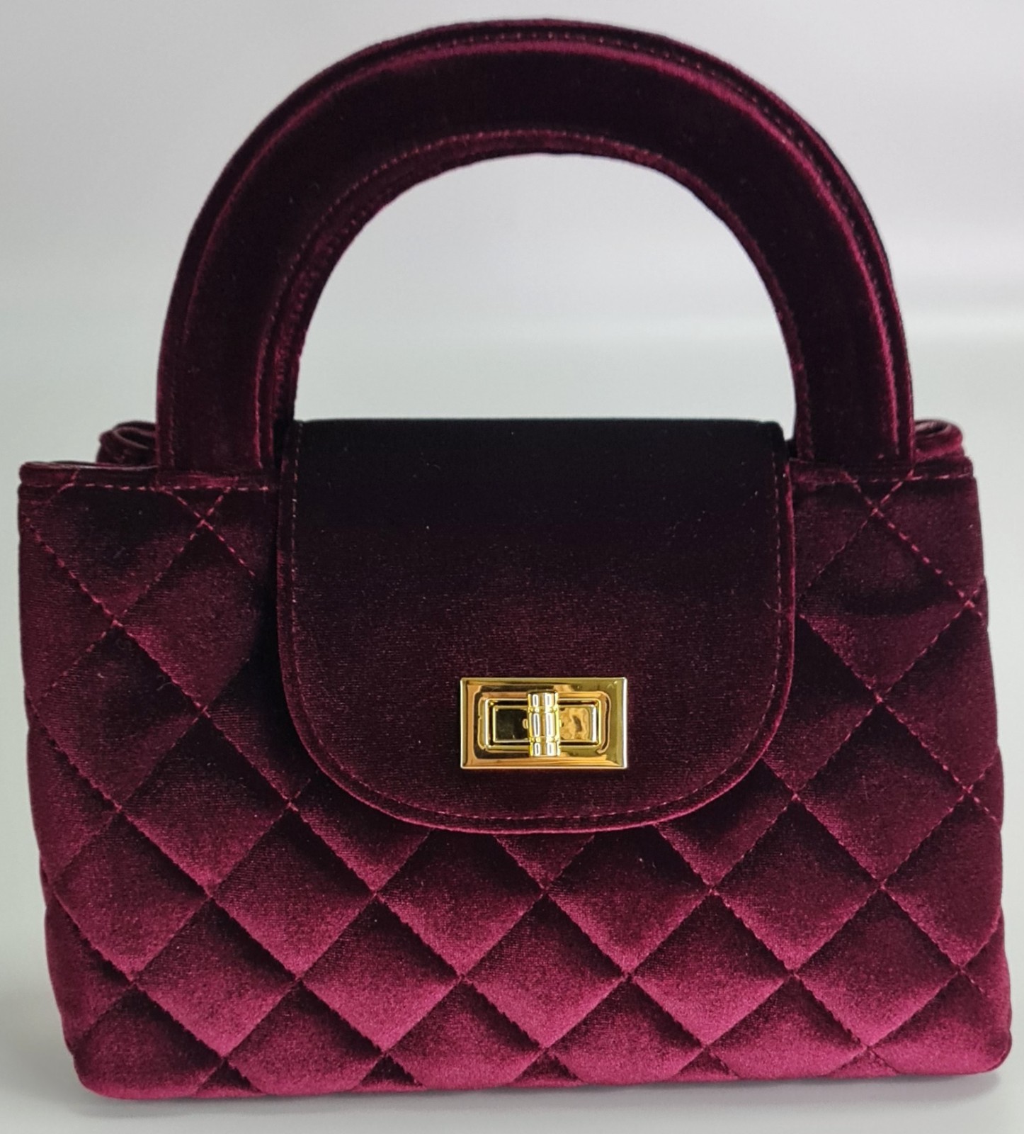 Burgundy Velvet Quilted Top Handle Crossbody Bag Gold Turn Lock Evening Purse