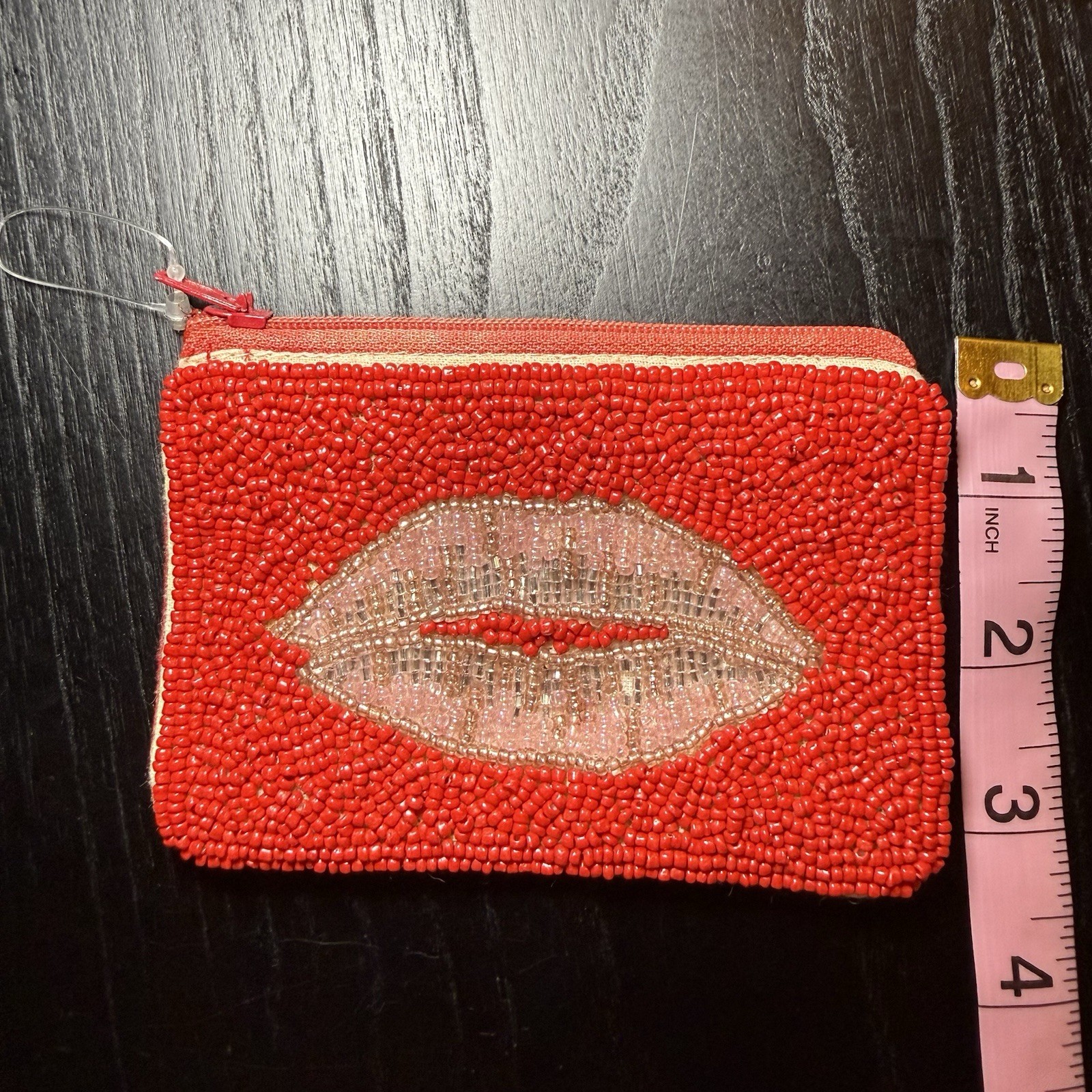 Beaded Zip Pouch Boutique Kiss Lips Red Coin Purse Lipgloss Bag Charm Key Chain