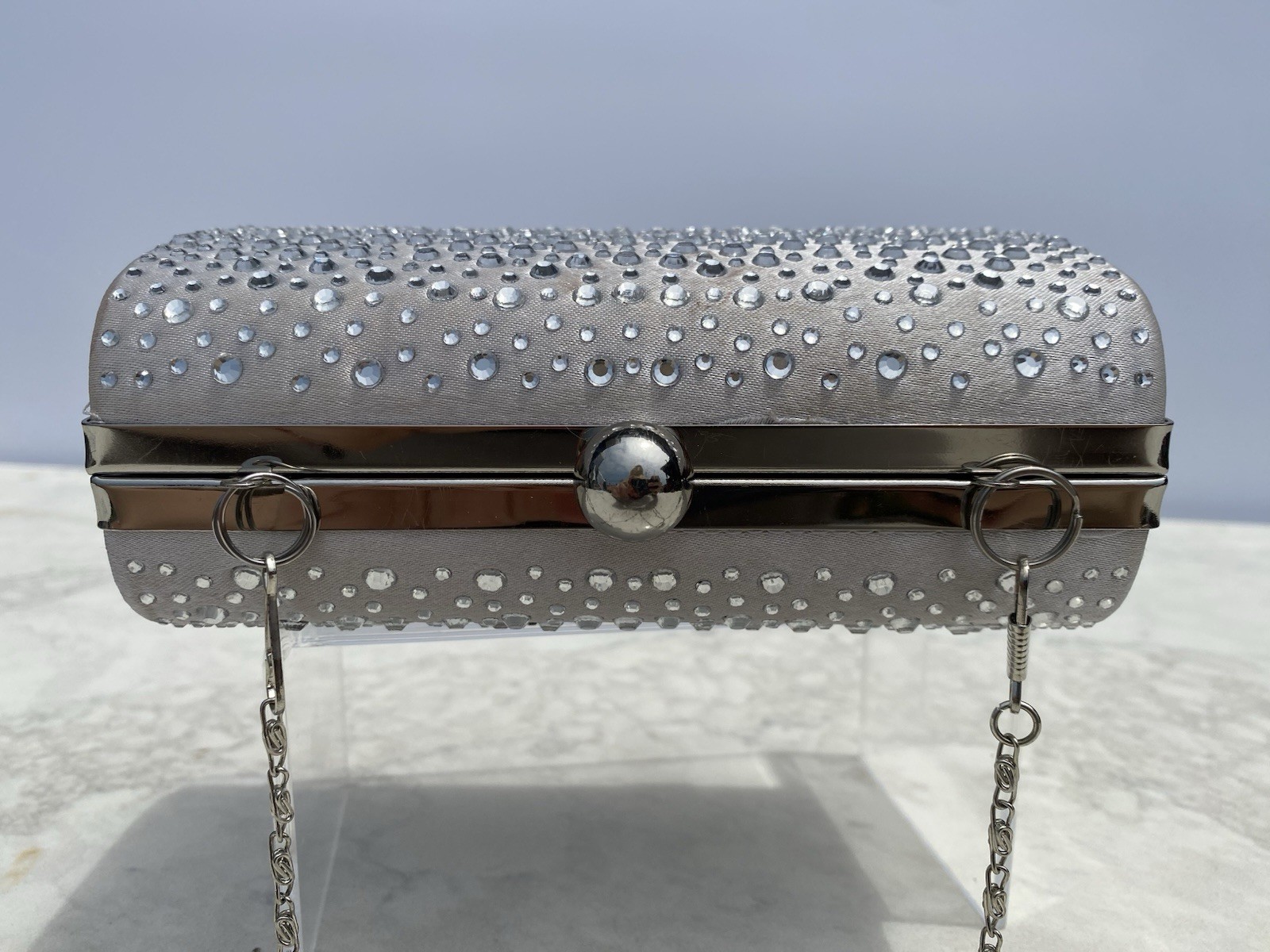 Camille La Vie Satin Silver Hard Case Rhinestones Clutch/Chain Handbag
