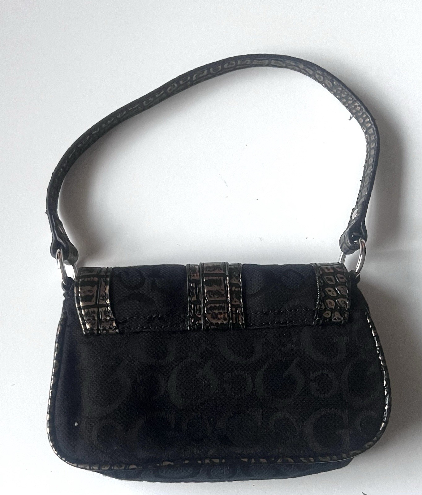 GUESS Black Gold Mini Shoulder Bag Logo Print Faux Croc Trim Turn Lock Purse
