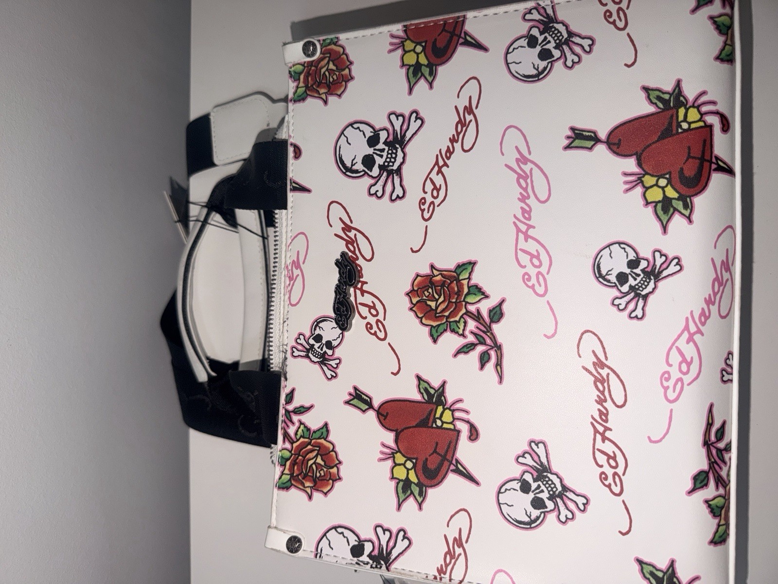 Ed Hardy White Skull Rose Logo Print Satchel Top Handle Crossbody Zip Bag