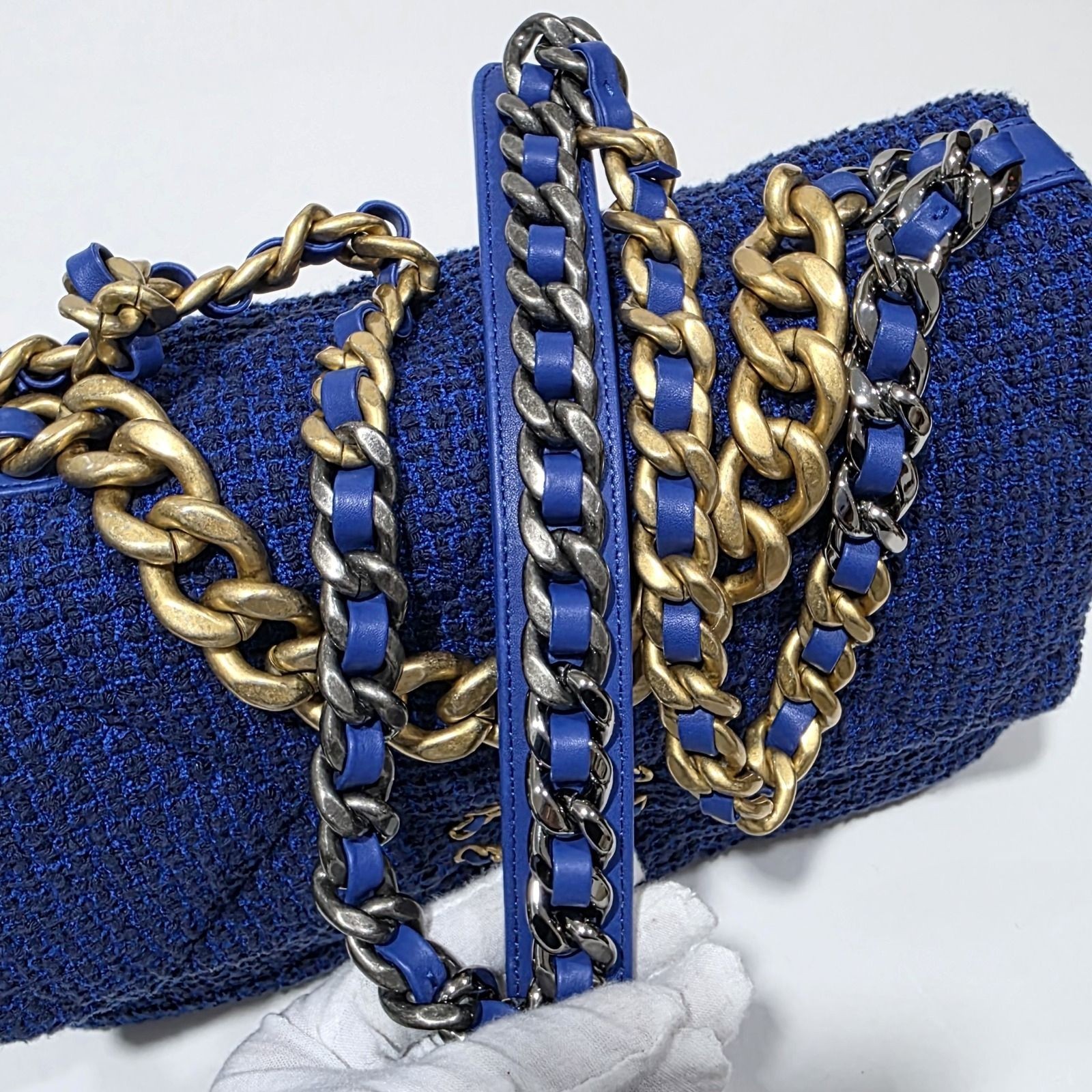 Chanel 19 Flap Mixed-Metal Hardware Blue Tweed Bag 30x18x9cm SN:31291616