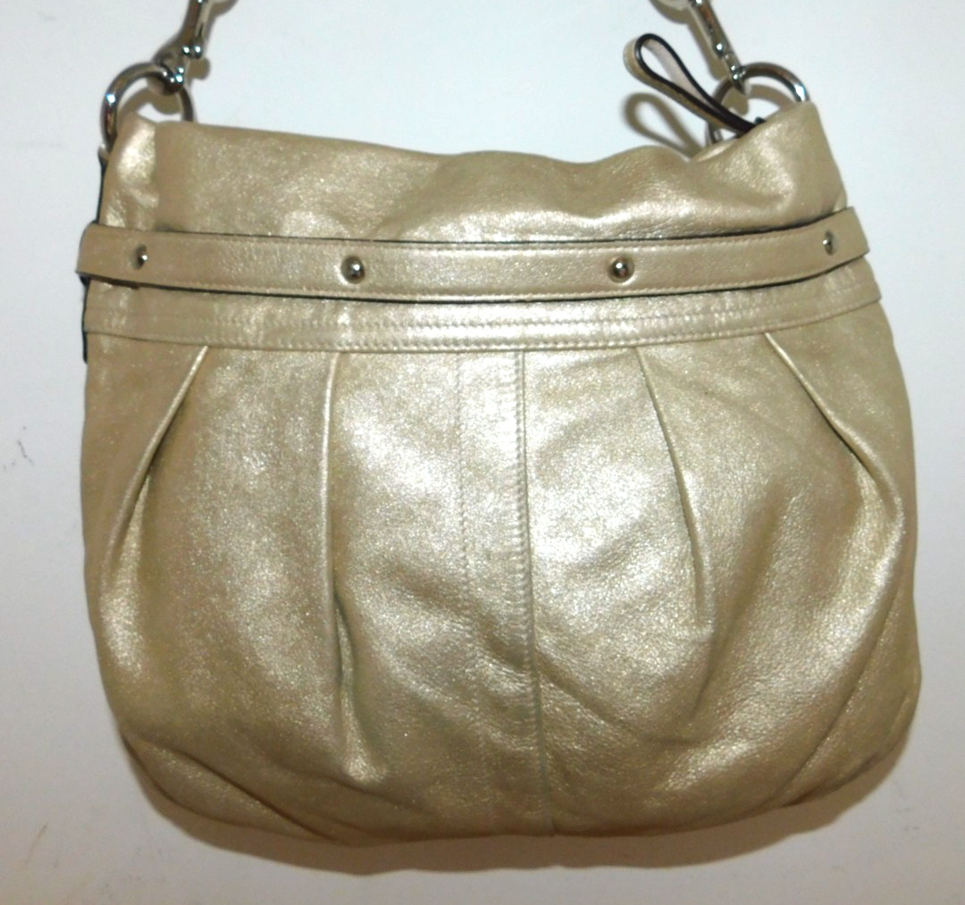 Coach Shimmer Metallic Gold Soft Pleated Goat Suede Belted Hobo Shoulder Bag