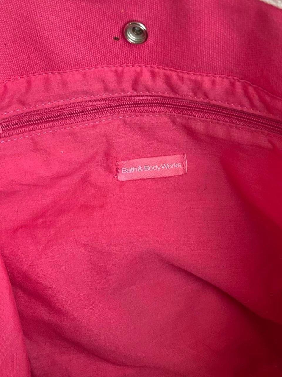 Vintage Bath & Body Works Pink Orange Striped Tote, Snap Closure, Lined, Pockets