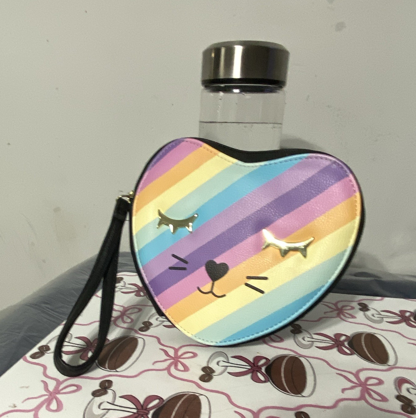 Rainbow Heart Cat Striped Zip Wristlet Pouch, Wrist Strap, Silver Hardware