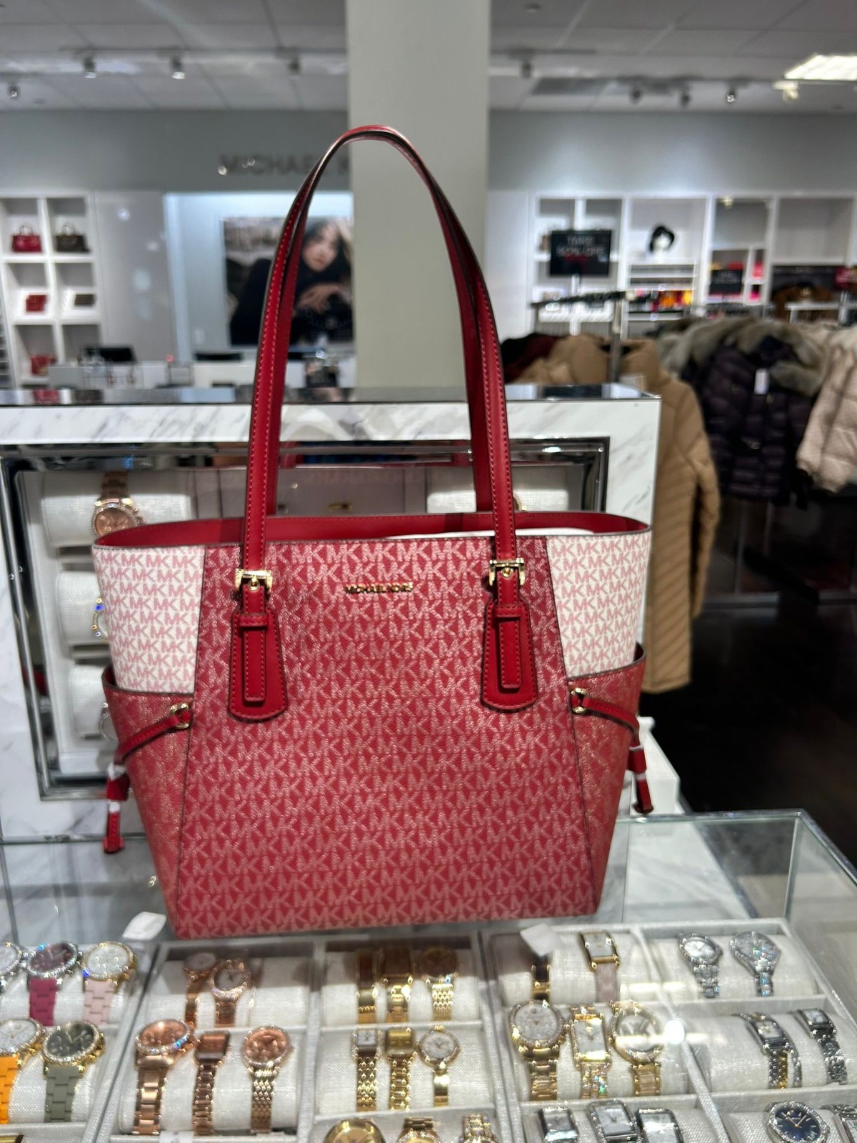 Michael Kors Voyager Large MK Signature Handbag Shoulder Tote Bag Cherry Purse