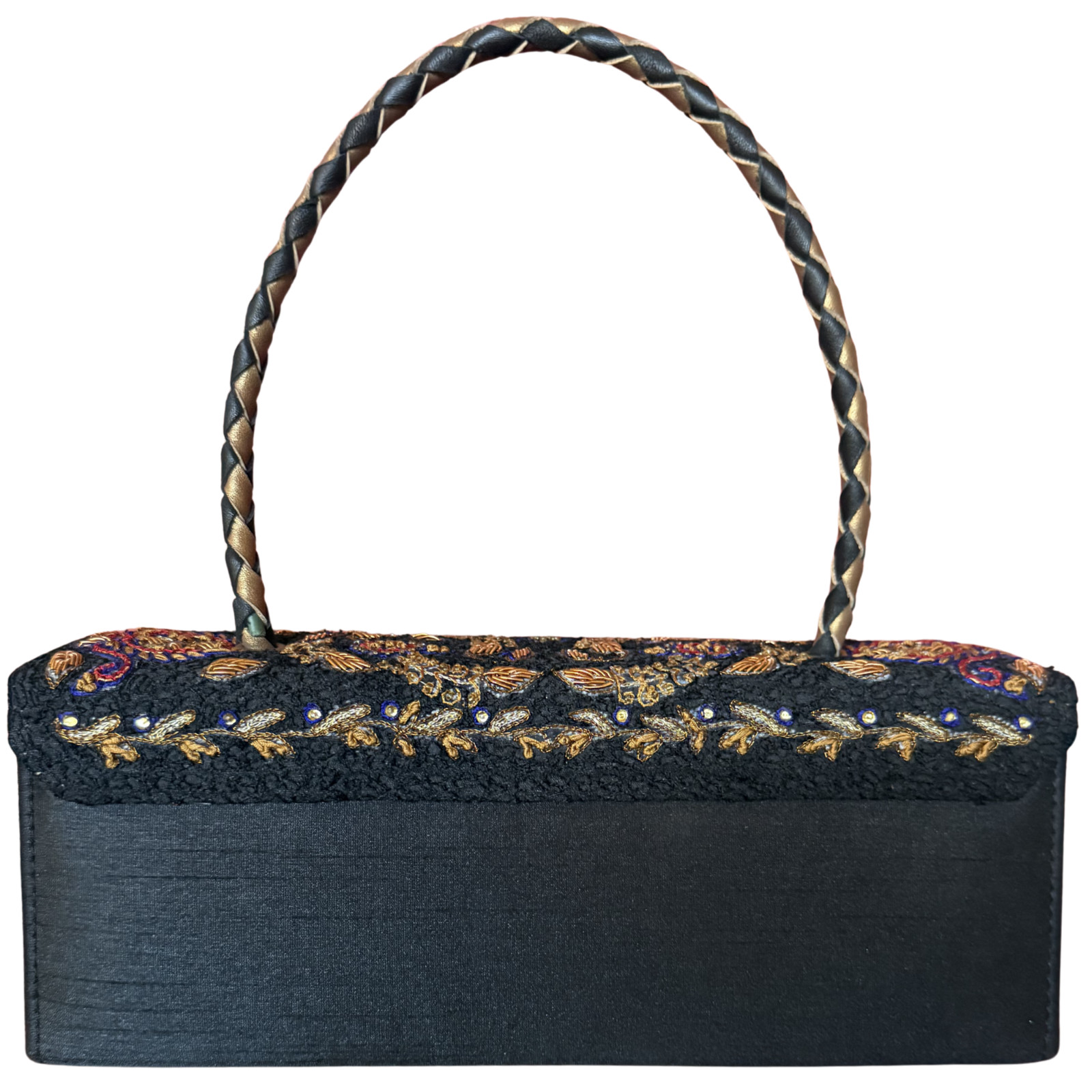 Black Silk Zardozi Hand Embroidered Baguette Handbag Y2K Boho Party Evening Bag