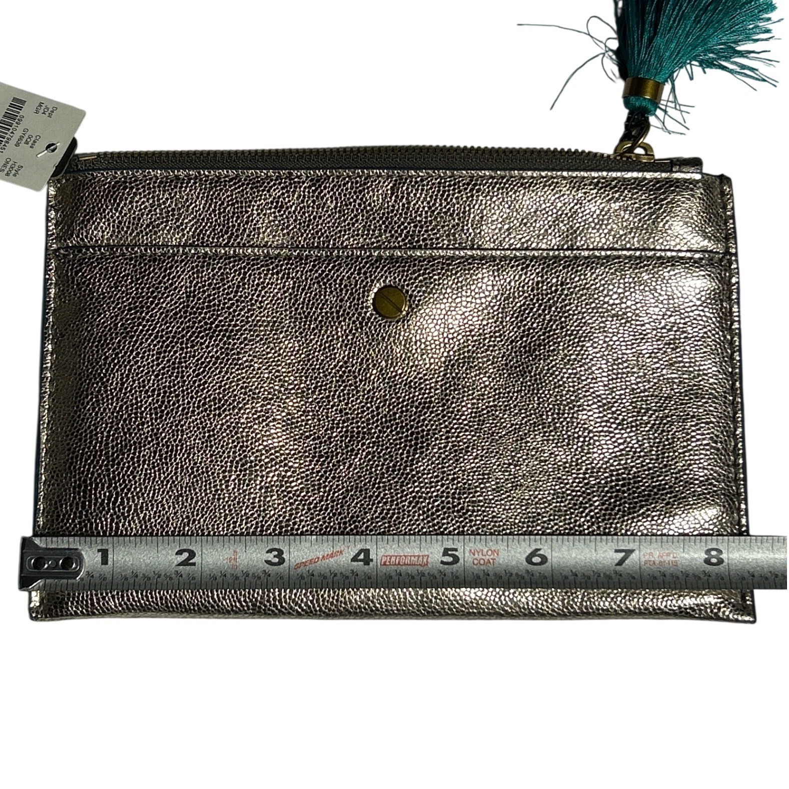 J.Crew Metallic Gold Pebbled Leather Green Tassel Clutch Bag 8.25″ x 5.5″ NWT