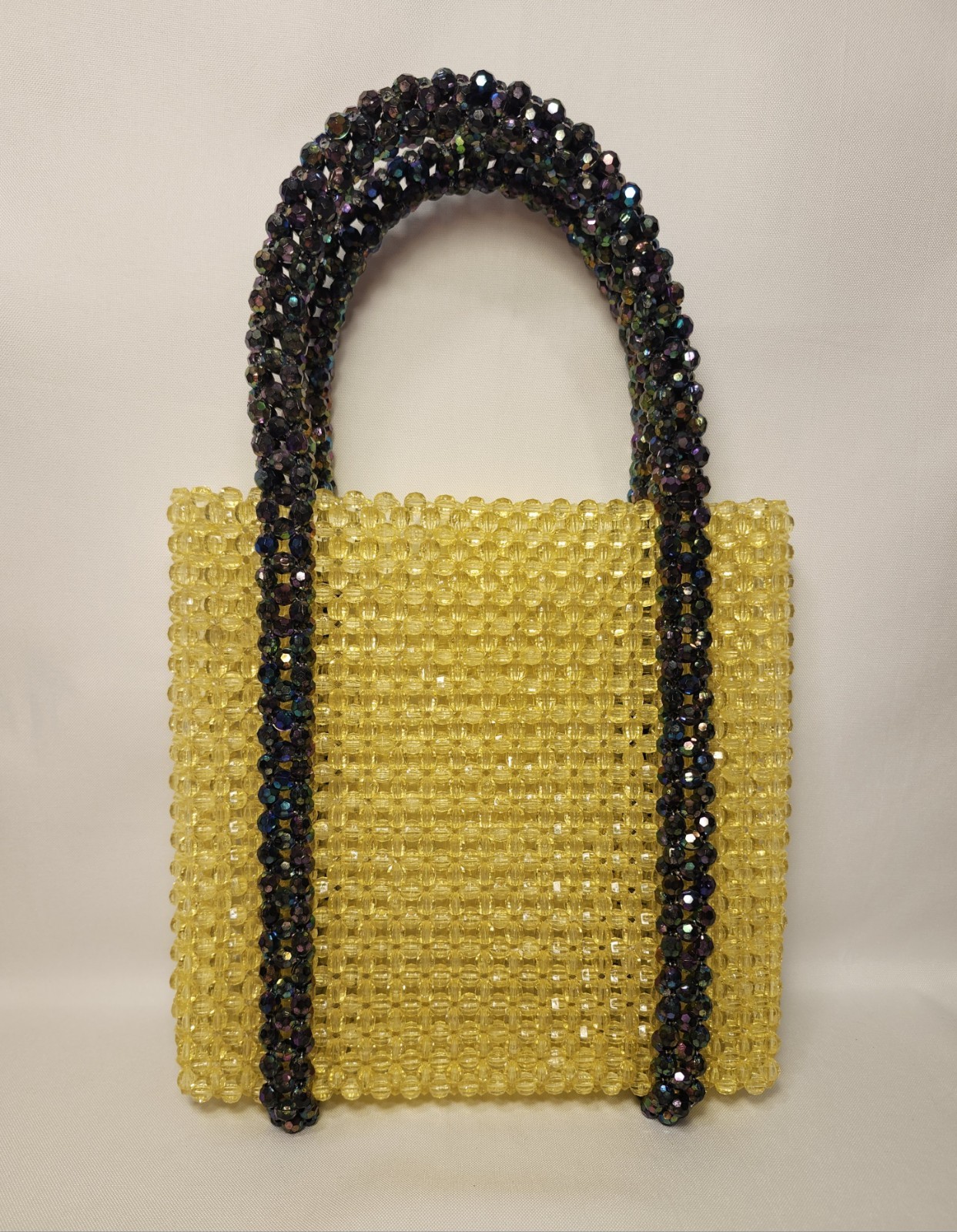 Homemade Yellow Beaded Bag With Black Beaded Handles