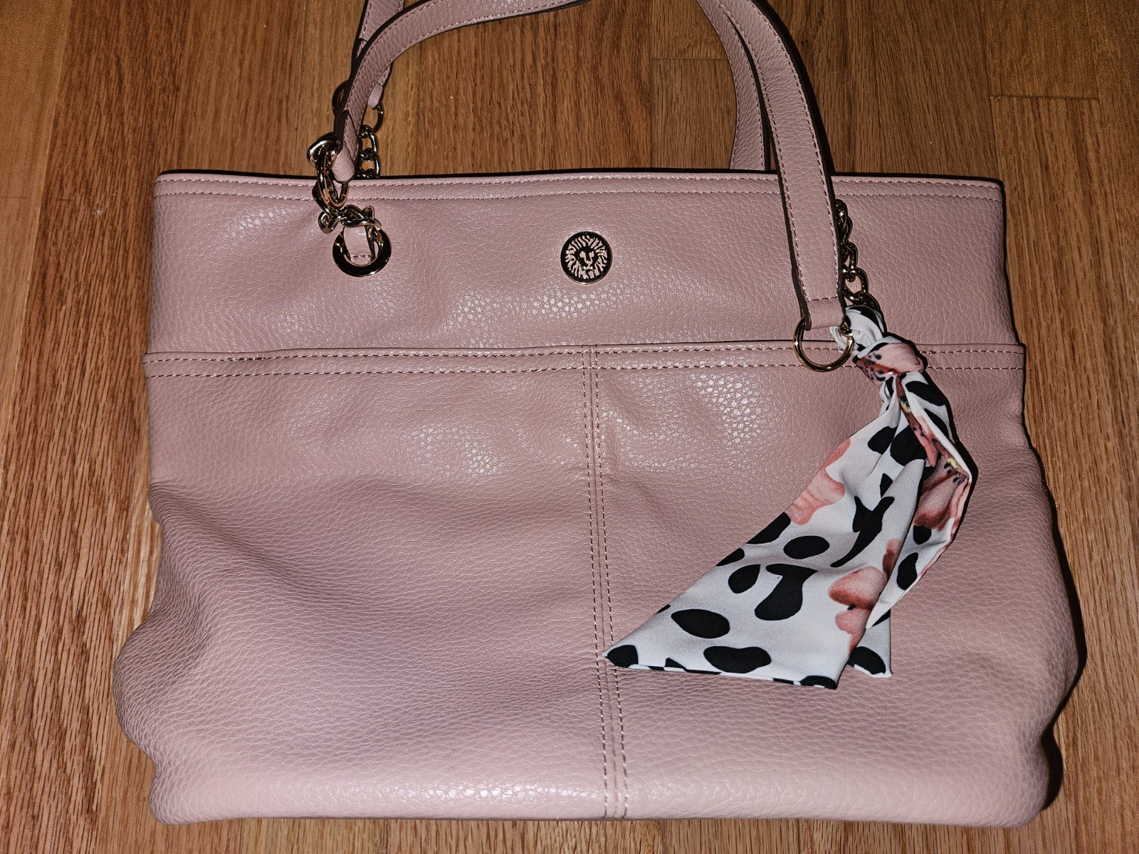 Anne Klein Purse Shoulder Bag Pale Pink Crosshatch Faux Leather Gold w/tassel
