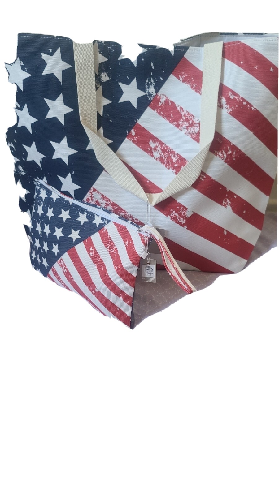 AmericanFlag Tote Women BeachBag with extra pouch, pompom keychain and wristlet