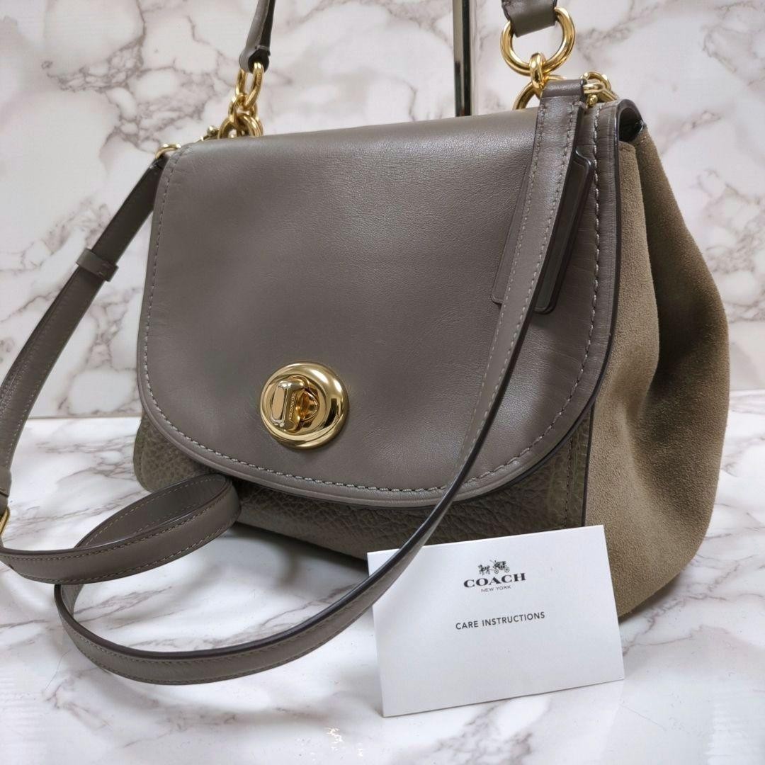 COACH 2-Way Leather Suede Shoulder Bag Gold Tone Turnlock