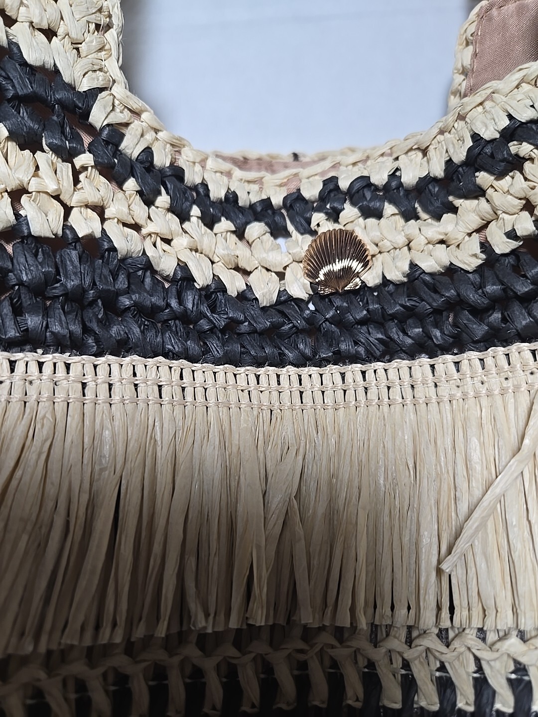 Woven Stripe Straw Tote Bag with Fringe Natural/Black Stripe 16 x 16