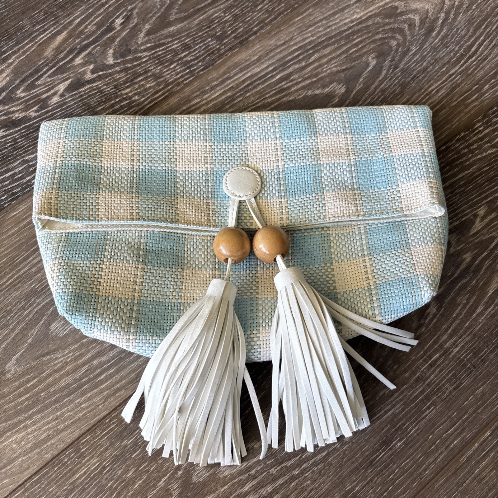 NEW Anthropologie Melanie Tasseled Foldover Clutch Blue White