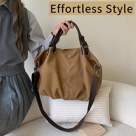 Large Retro Canvas Tote Bag,Slouchy Capacity Hobo Shoulder Bag for Unisex