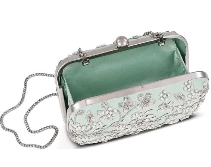 Badgley Mischka Mint Green Beaded Minaudiere Crossbody/clutch Silver Metallic