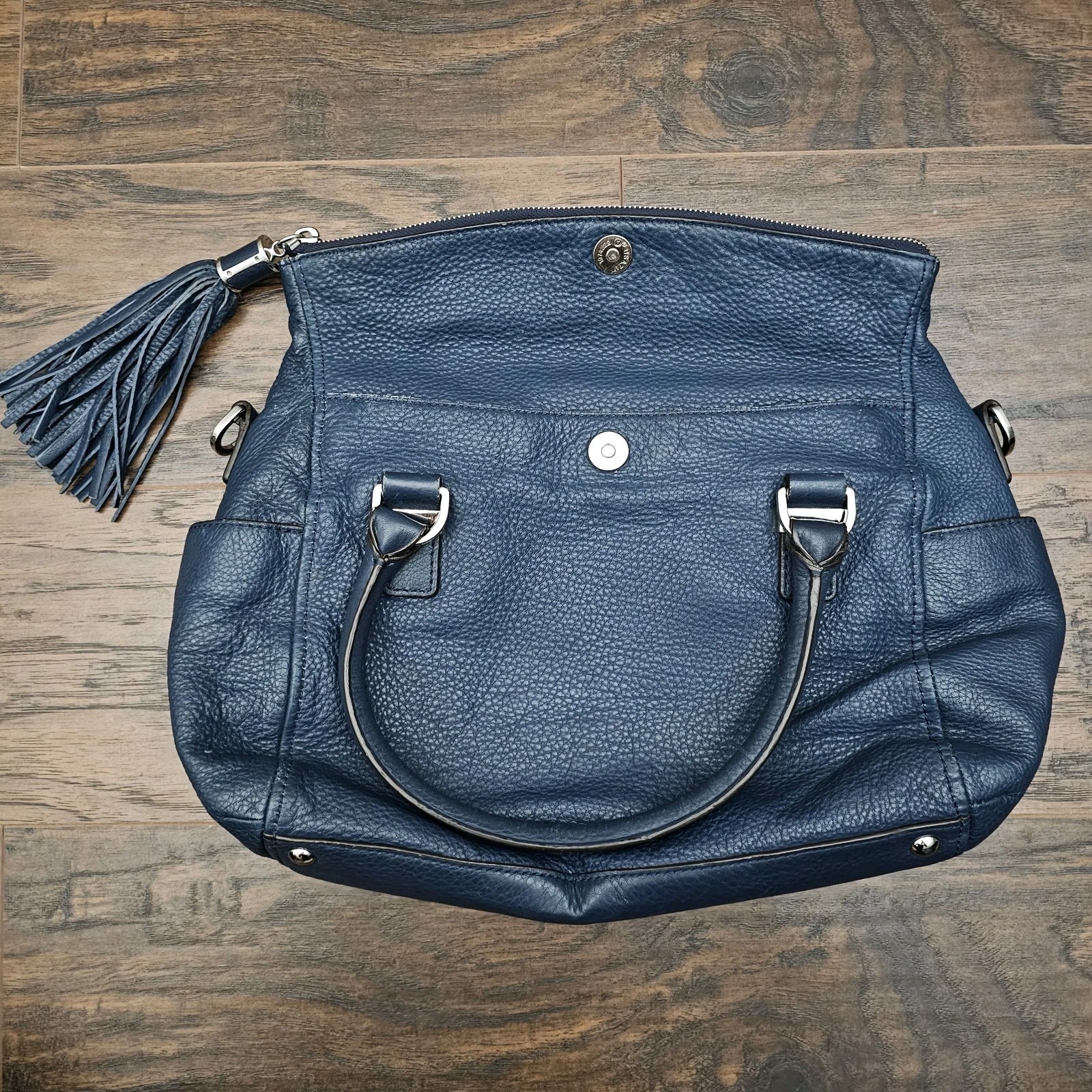 Michael Kors Pebble Leather Weston Satchel Handbag Blue Fold over Tassel Silver
