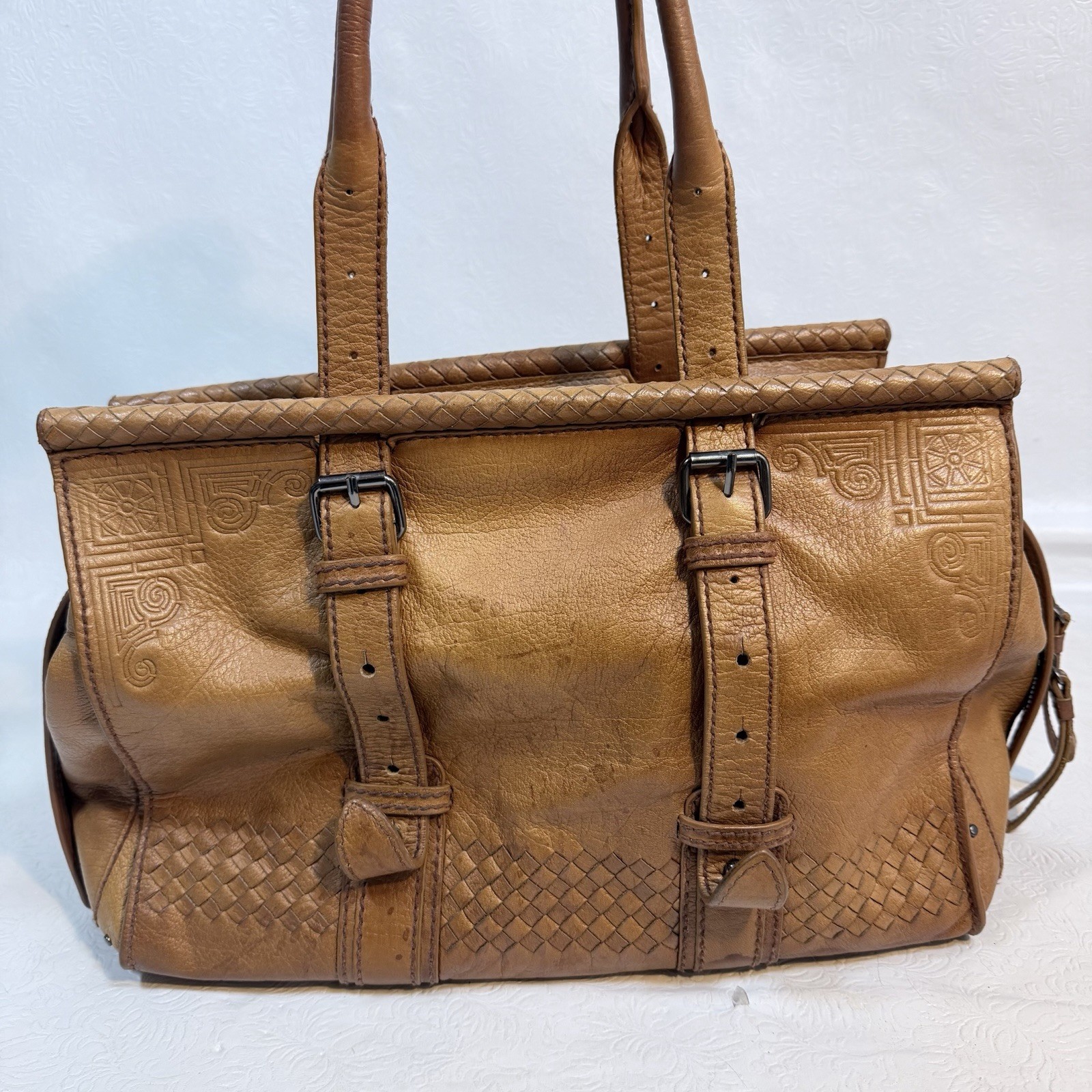 READ Vintage Isabella Fiore Brown Leather Satchel Shoulder Bag Embossed Design